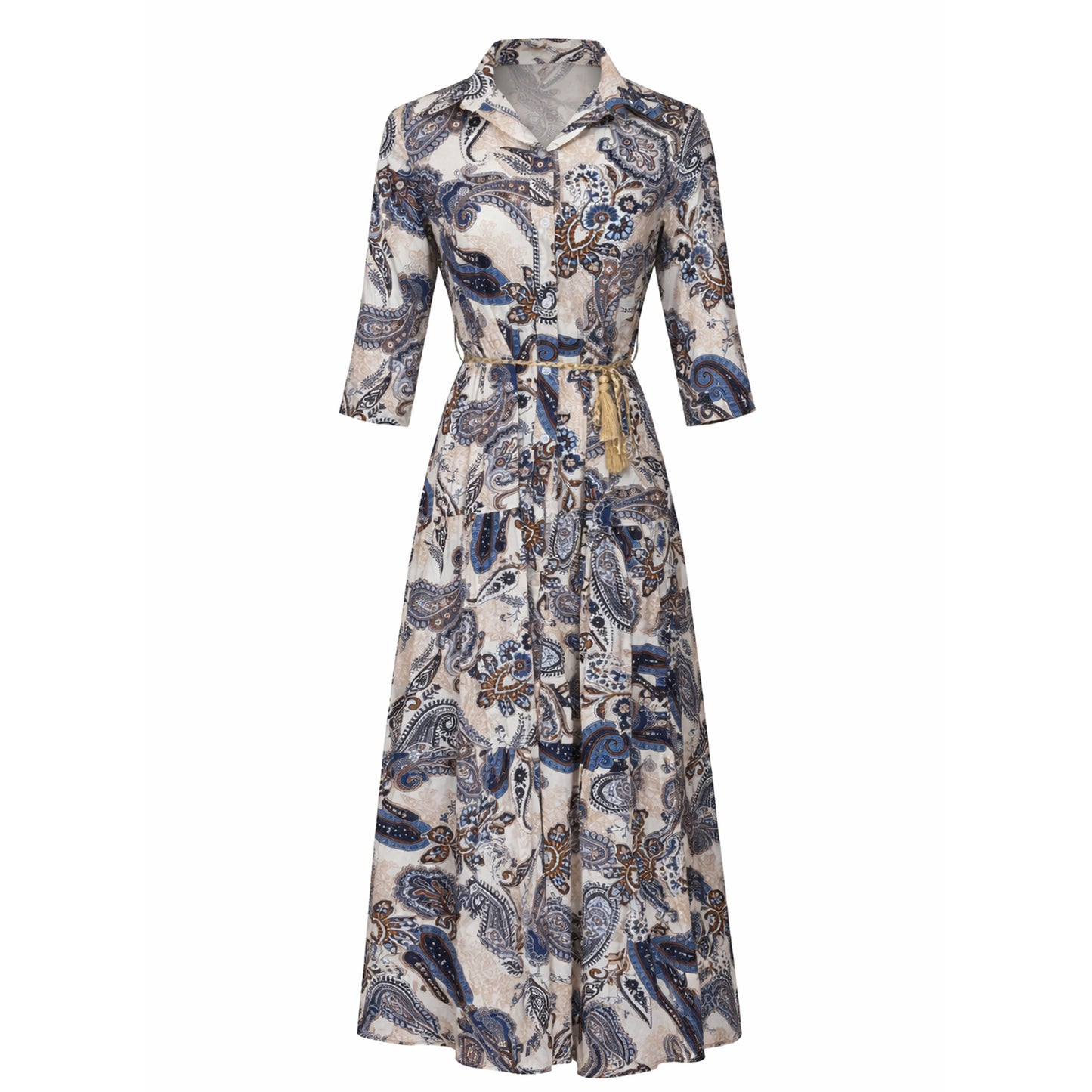Paisley Belted Button-Down Midi Dress