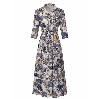 Paisley Belted Button-Down Midi Dress