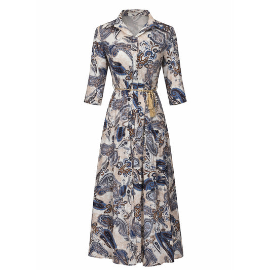 Paisley Belted Button-Down Midi Dress