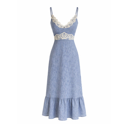 Chambray Lace A-Line Midi Dress