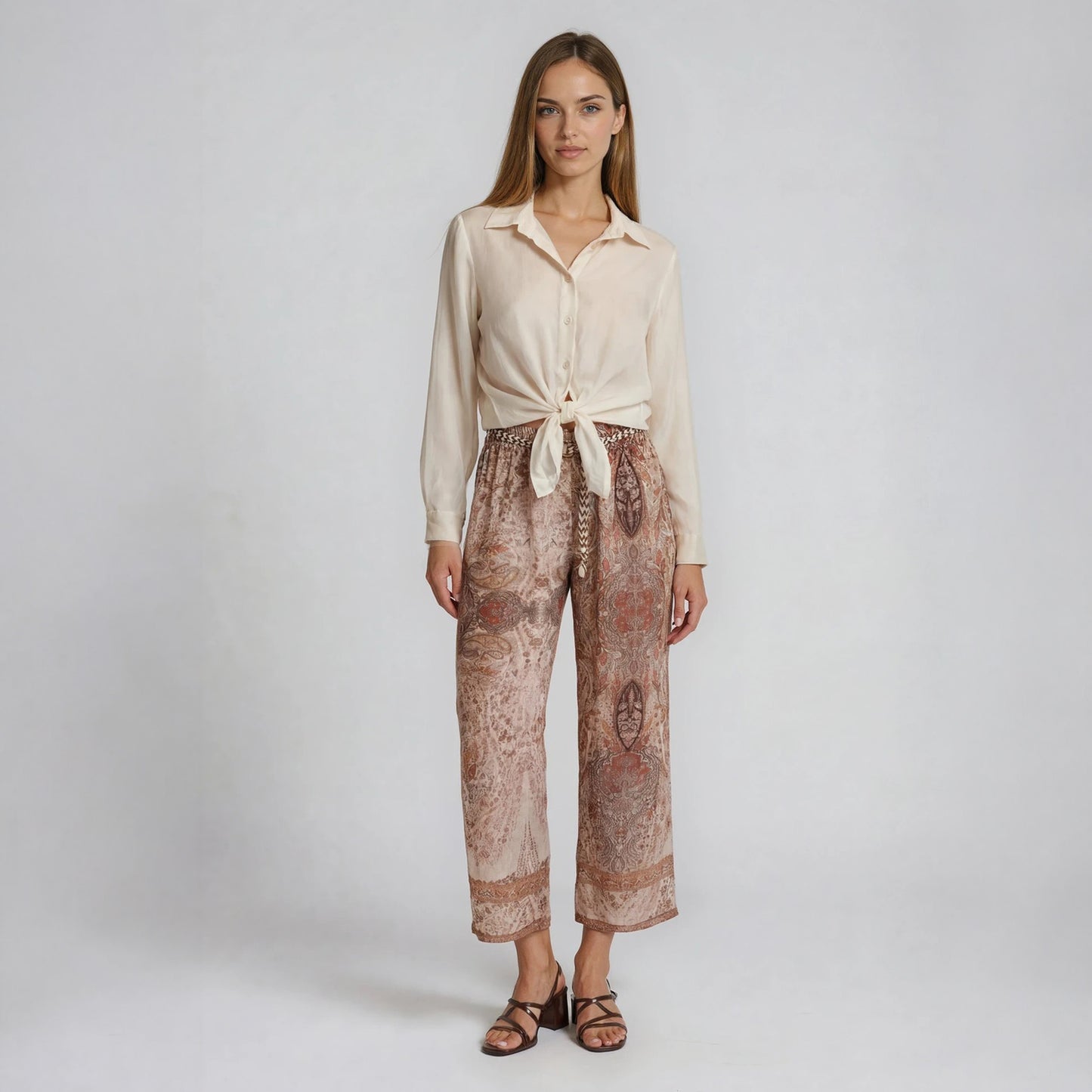 Boho Paisley Straight-Leg Pants with Braided Belt