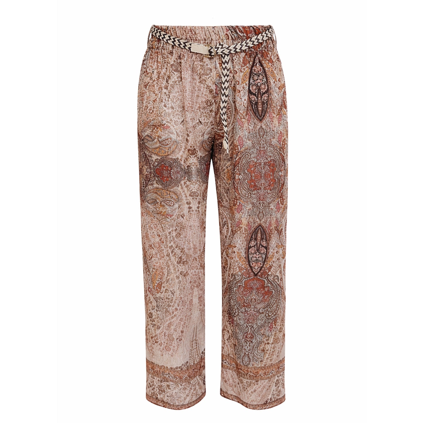 Boho Paisley Straight-Leg Pants with Braided Belt