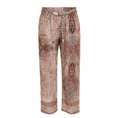 Boho Paisley Straight-Leg Pants with Braided Belt