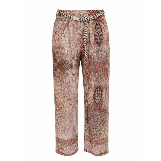Boho Paisley Straight-Leg Pants with Braided Belt