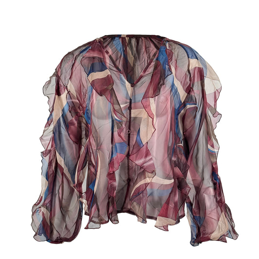 Sheer Printed Blouse with Button Detail