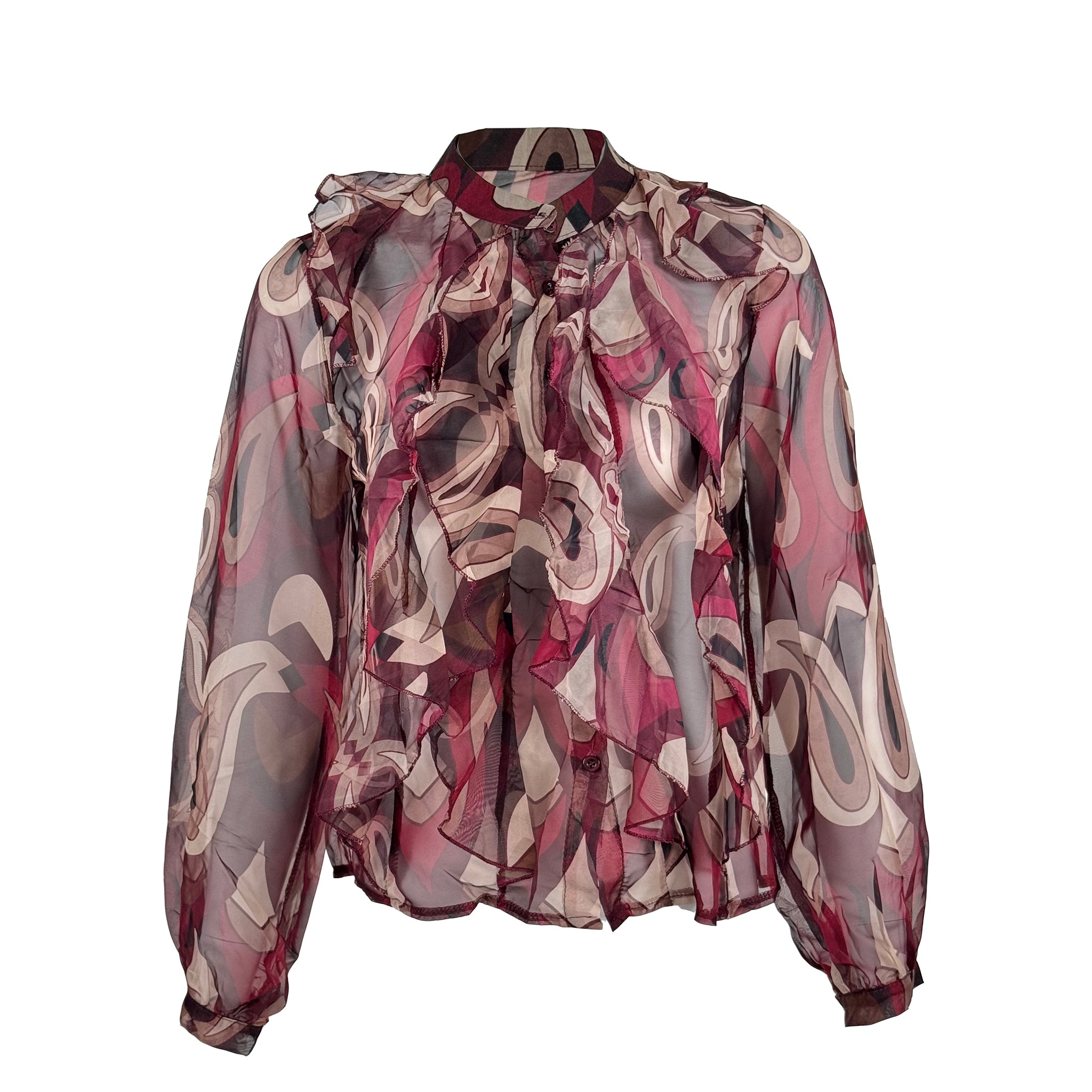 Sheer Printed Ruffle Blouse