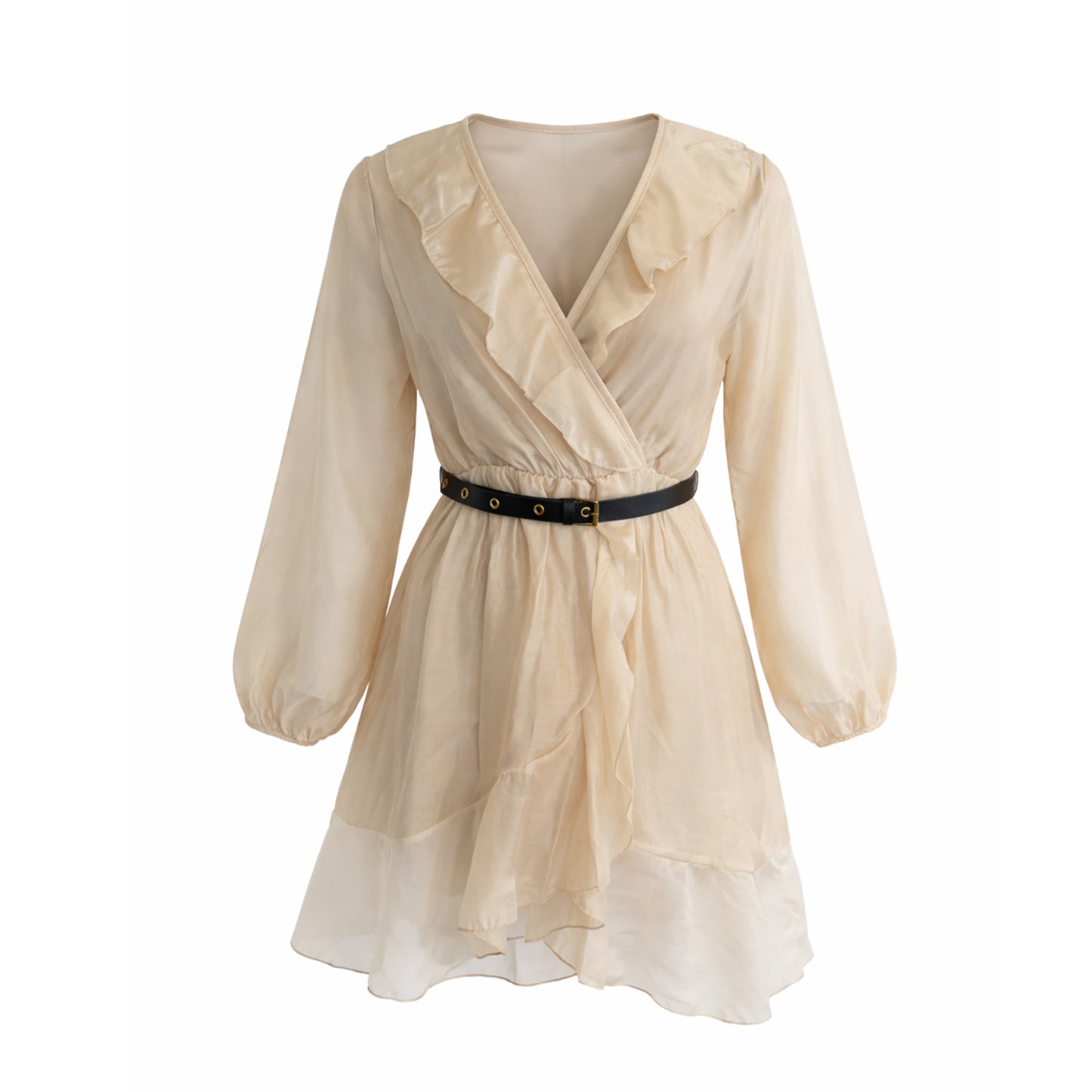 Sheer Ruffle Mini Dress with Belt