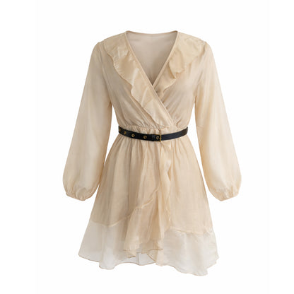 Sheer Ruffle Mini Dress with Belt
