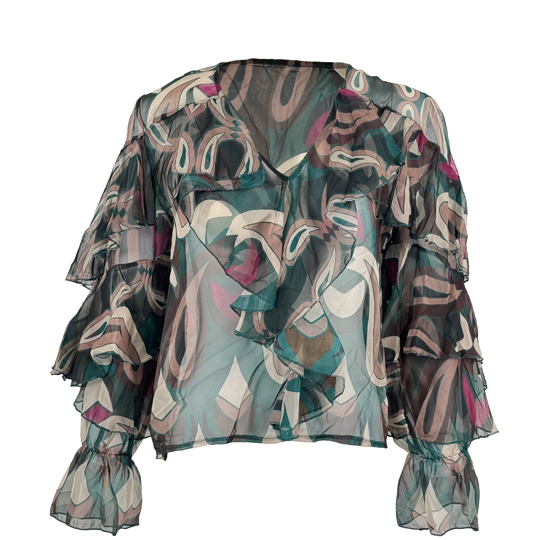 Sheer Ruffle V-Neck Blouse