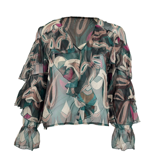 Sheer Ruffle V-Neck Blouse