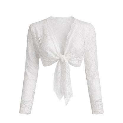 Sheer Lace Tie-Front Crop Top