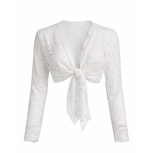 Sheer Lace Tie-Front Crop Top