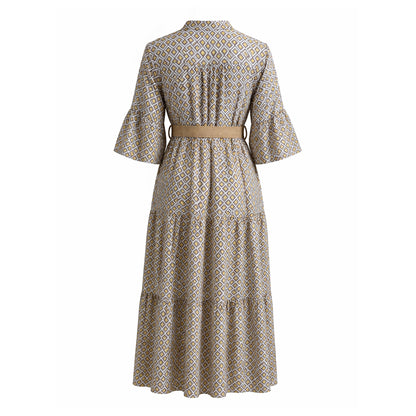 Geometric Print Belted Midi Dress