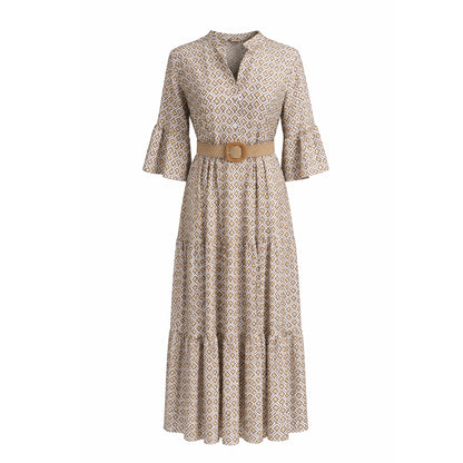 Geometric Print Belted Midi Dress