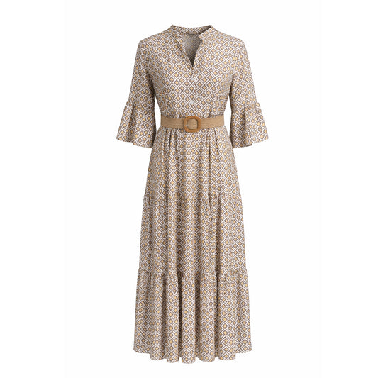 Geometric Print Belted Midi Dress