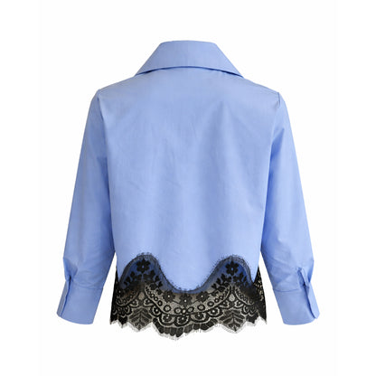 Button-Up Blouse with Black Lace Hem