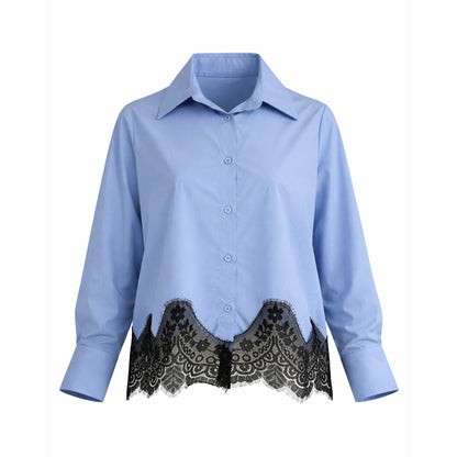 Button-Up Blouse with Black Lace Hem