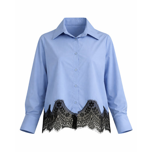 Button-Up Blouse with Black Lace Hem