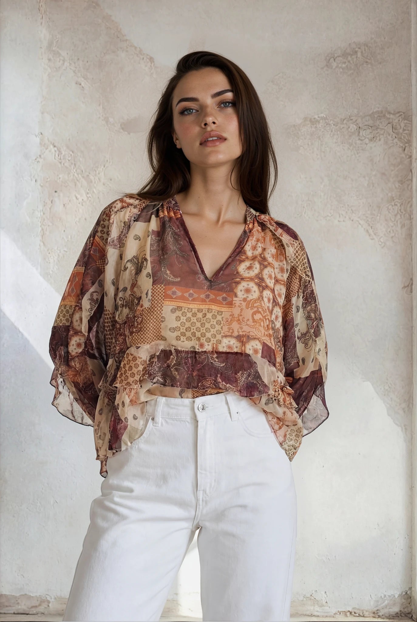 Sheer Printed Ruffle Blouse